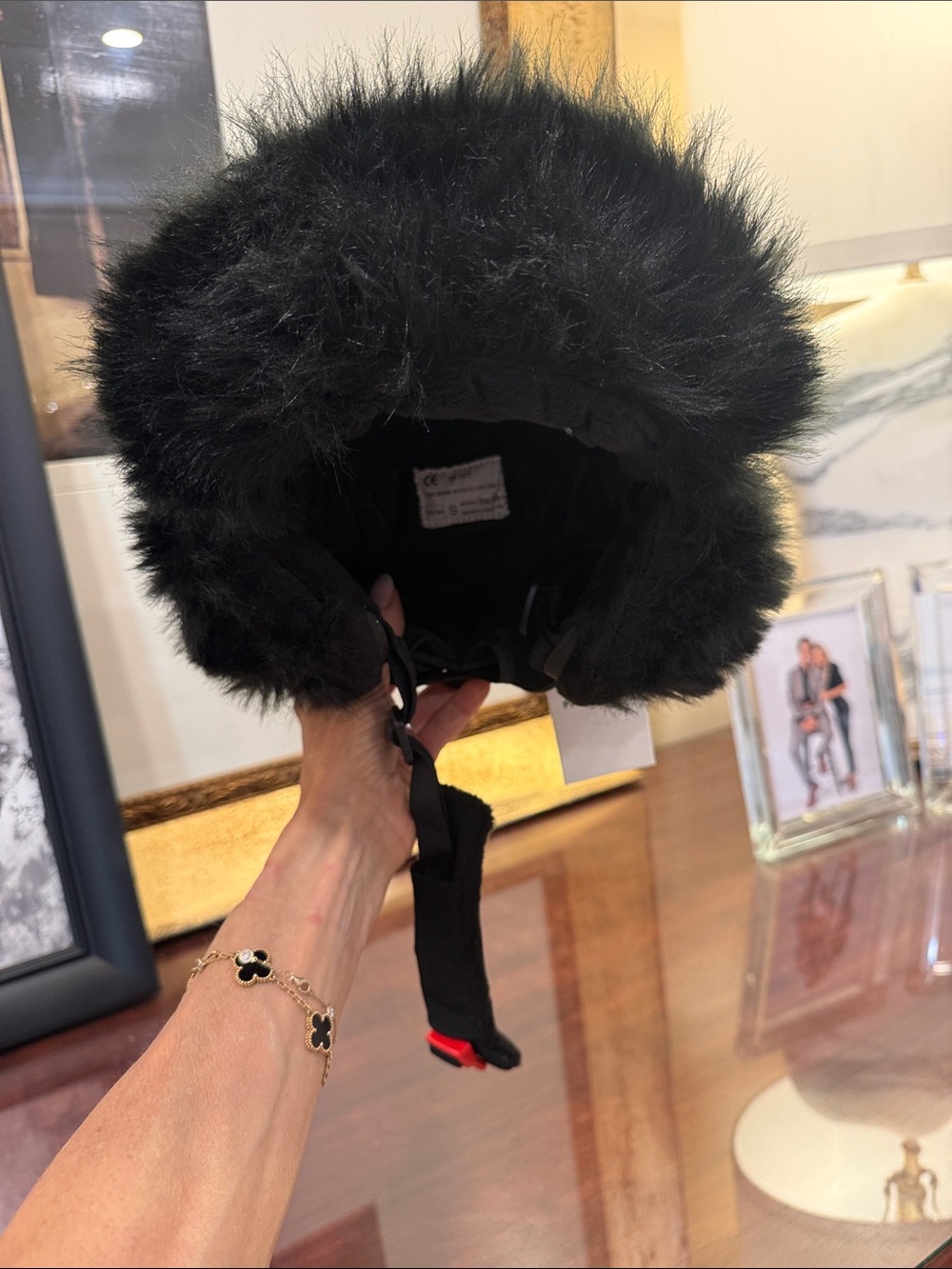 Perfect Moment Black Faux Fur Trapper Hat with Chin Strap